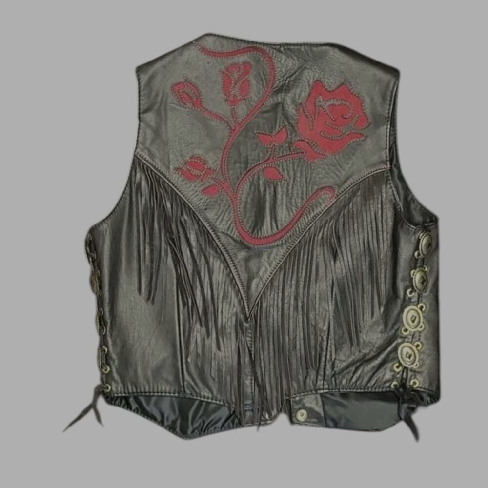 Vintage Gypsy Leathers Fringe Biker Vest, Red Rose Embroidery - Made in USA - Picture 2 of 4